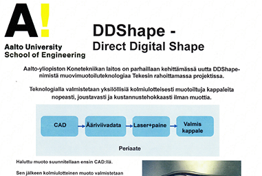 DDShape on innoplan oy:n / Timo Valkkaan keksimä tuotantomenetelmä. Nyt menetelmää tuotteistaa Aalto-yliopisto yhdessä Tekesin ja yrityskumppaneiden kanssa.